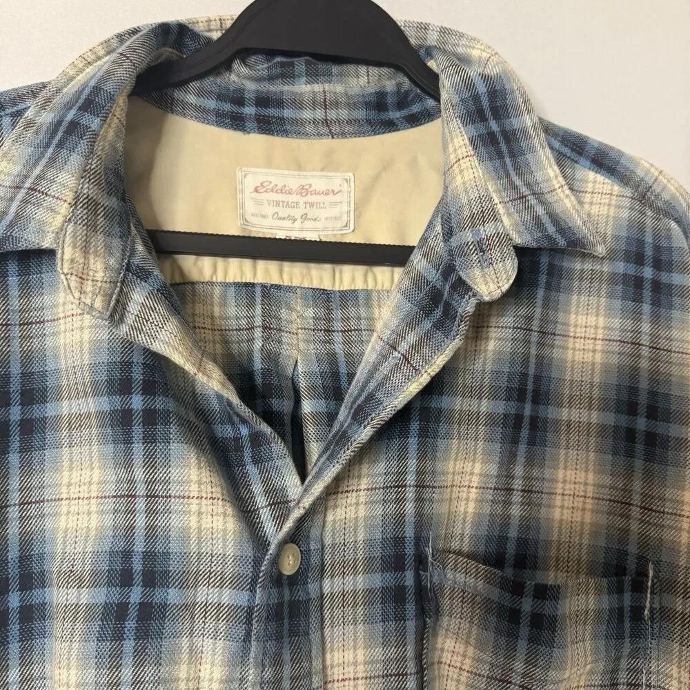 Eddie Bauer Vintage Twill Men Blue Windowpane Cotton Long Sleeve Flannel XL Tall